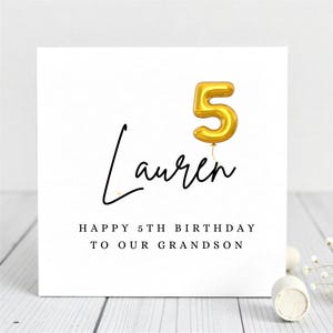 Biglietto di auguri per il 5° compleanno del nipote - Biglietto di auguri personalizzato con numero di palloncino dorato, nome personalizzato, biglietto di auguri per il 5° compleanno per bambini