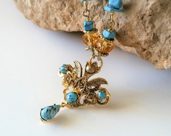 Turquoise and Gold Necklace with Vintage Pendant