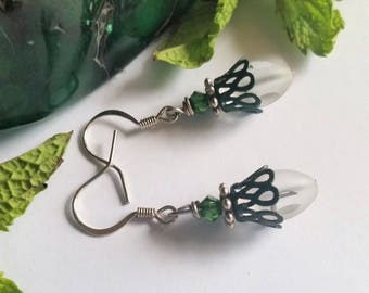 Emerald Green Dangle Earrings, Green and White Earrings, Light Academia Earrings