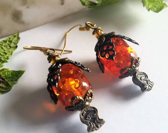 Orange and Bronze Dangle Earrings, Faux Amber, Fairy Earrings, Cottagecore Jewelry, Victorian Style Earrings