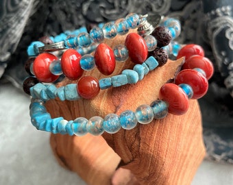 Turquoise, Agate, and Lava Bead Cuff Bracelet, Southwestern Jewelry, Crystal Bracelet