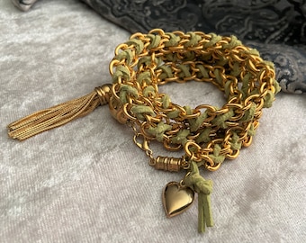 Green Leather Wrap Bracelet or Necklace, Gold Chain, Faux Leather, Boho Jewelry