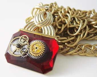 Steampunk Clockwork Statement Necklace, Red Glass Pendant, Steampunk Pendant