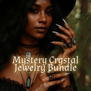 May include: A woman wearing multiple necklaces and rings, with the text "Mystery Crystal Jewelry Bundle". The jewelry includes pendants with crystals and various rings with large stones. The image has a mystical, bohemian aesthetic.