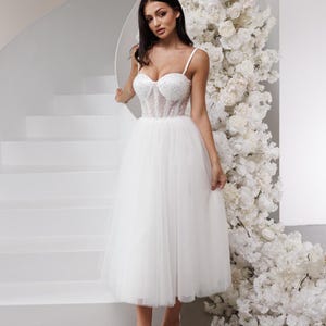 Elopement dress, tulle midi wedding dress, ivory dress, second wedding dress, reception dress, tea length wedding dress