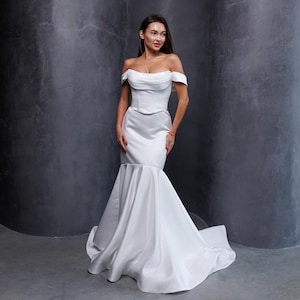 Two Piece Corset Wedding Dress - White Satin Corset and Maxi Skirt - Corset Bustier Top and Long Skirt