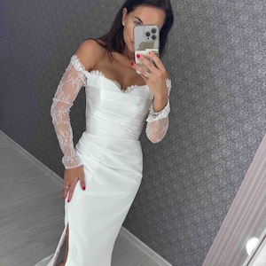 Ivory Satin Wedding Dress: Chantilly Lace Sleeves, Off-Shoulder Corset