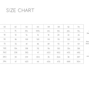 May include: A size chart with measurements in inches and centimeters. The chart includes sizes from XS to 7XL, with bust, waist, and hip measurements. A diagram illustrates how to measure the bust, waist, and hips.