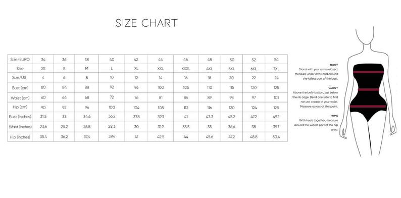 May include: A size chart with measurements in inches and centimeters. The chart includes sizes from XS to 7XL, with bust, waist, and hip measurements. A diagram illustrates how to measure the bust, waist, and hips.