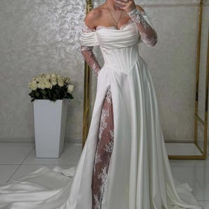 Off-Shoulder Satin Corset Wedding Dress with Chantilly Lace, Slit Skirt & Train | Custom Bridal Gown