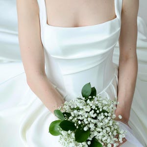 Minimalist Satin Wedding Dress: Square Neckline, Elegant Train