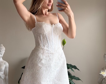Lace Mini Wedding Dress | Corset Bridal Dress | Reception Dress | Custom Bridal Mini | Lace Up Back | Detachable Sleeves