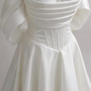 Off-Shoulder Satin Corset Wedding Dress with Chantilly Lace, Slit Skirt & Train | Custom Bridal Gown image 1