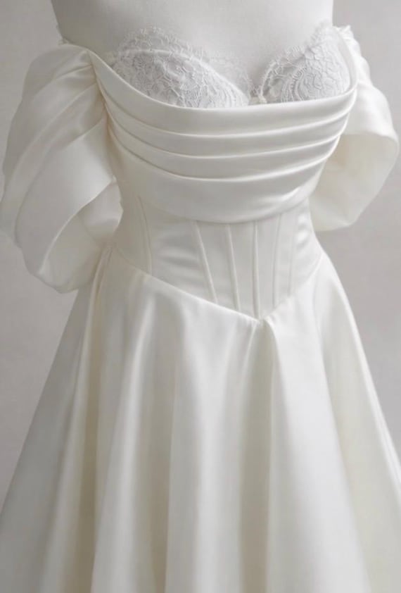 Off-Shoulder Satin Corset Wedding Dress with Chantilly Lace, Slit Skirt & Train | Custom Bridal Gown