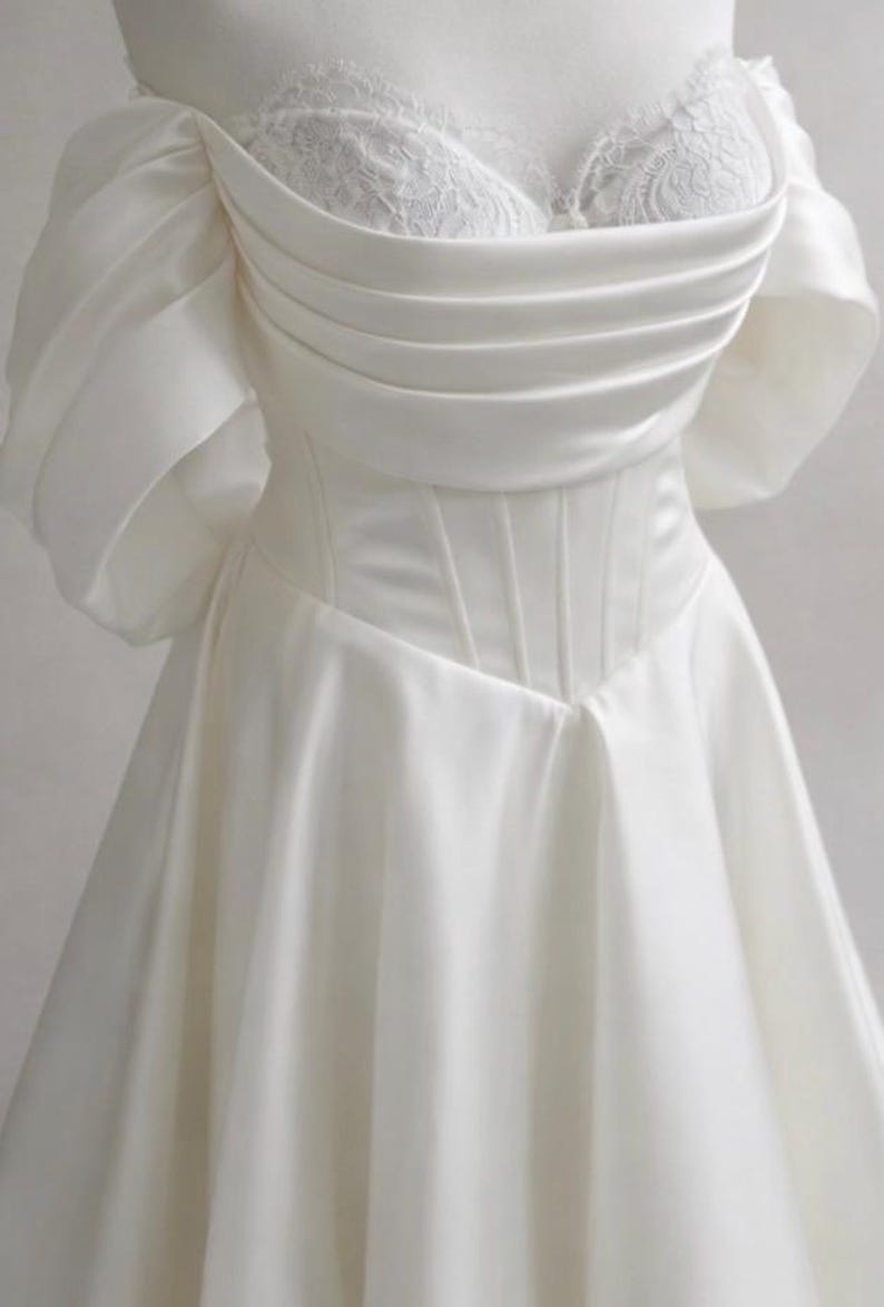 Off-Shoulder Satin Corset Wedding Dress with Chantilly Lace, Slit Skirt & Train | Custom Bridal Gown image 1