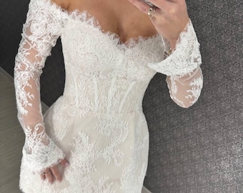 Off-Shoulder Chantilly Spitze Mini Brautkleid - Korsett Rücken, Ivory