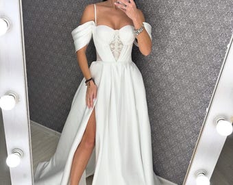 Vestido de novia de satén con hombros descubiertos, vestido de novia de encaje con corsé