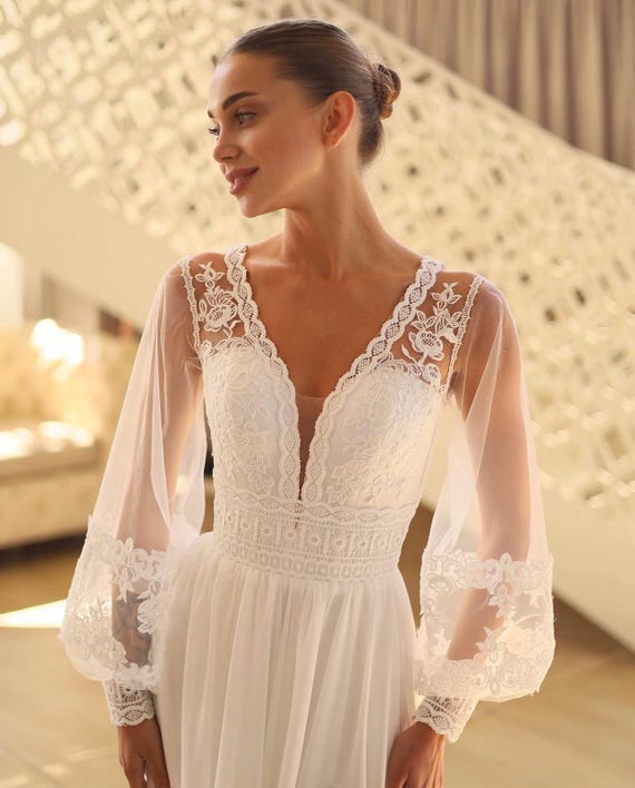 Boho Macrame Lace Wedding Dress: Chiffon Skirt, Rustic Bridal Gown Boho Macrame Lace Wedding Dress: Chiffon Skirt, Rustic Bridal Gown