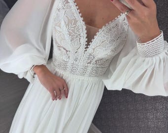 Ivory Long Chiffon Wedding Dress: Macrame Lace Bodice, Long Sleeves - Boho Bridal Gown