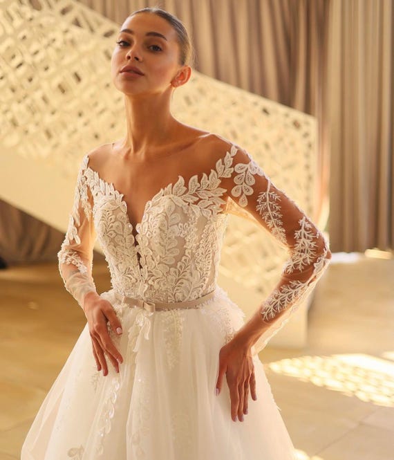 Lace Wedding Dress: Puffy Tulle Skirt, Corset Back & Sleeves