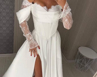 Off-Shoulder Satin Corset Wedding Dress with Chantilly Lace, Slit Skirt & Train | Custom Bridal Gown