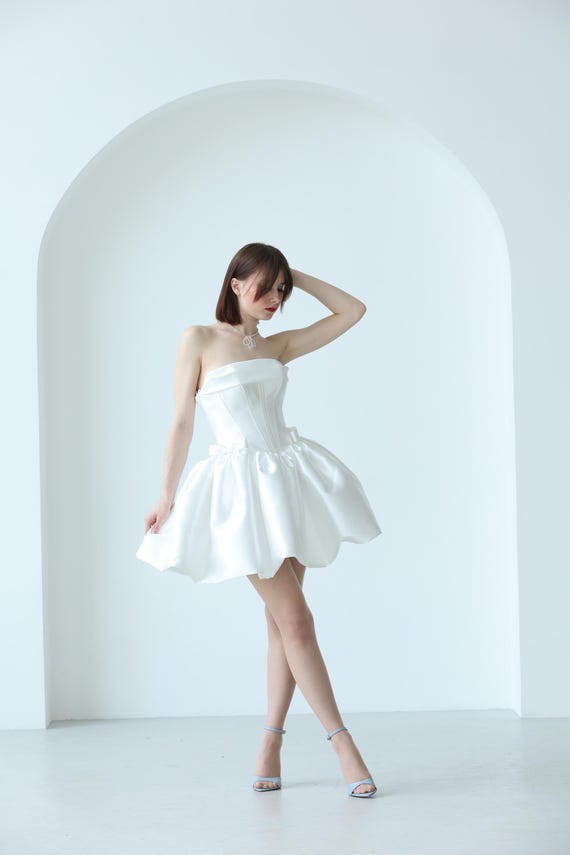 Ivory Mini Wedding Dress: Off-Shoulder Bridal Engagement Gown
