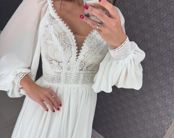 Ivory Chiffon Wedding Dress: Macrame Lace Bodice, Long Sleeves - Boho Bridal Gown