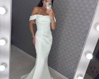 Ivory Satin Corset Wedding Dress: Off-Shoulder Draped Bridal Gown