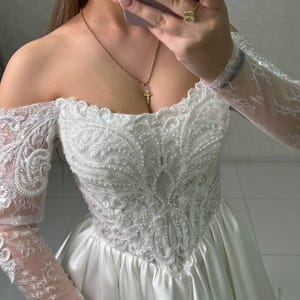Ivory Lace Corset Wedding Dress: Off-Shoulder Satin Ball Gown
