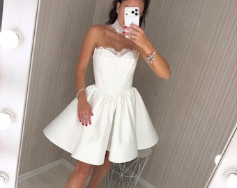 Vestido de novia corto con corsé, vestido de recepción nupcial de satén, vestido de novia corto con cintura vasca, vestido de novia con corsé de encaje para un segundo look