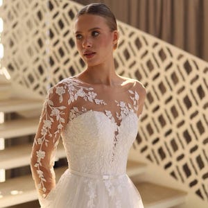 Elegant Wedding Dress with Illusion Lace Bodice & High Slit | Long Sleeve Bridal Gown | Tulle A-line Skirt