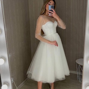 Short Wedding Dress: Handmade Corset, Pearls, Tulle Skirt