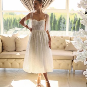 Ivory Glitter Midi Wedding Dress: Sparkly Corset Bridal Gown