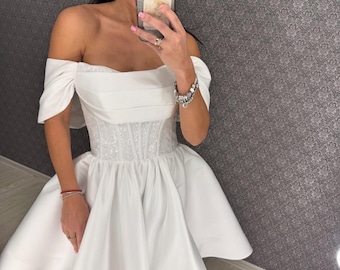 ADELINA MINI | Satin Ivory Mini Corset Wedding Dress, A-line off Shoulder Low Waist Mini Reception Dress Short Wedding Dress - Etsy ADELINA MINI | Satin Ivory Mini Corset Wedding Dress, A-line off Shoulder Low Waist Mini Reception Dress Short Wedding Dress - Etsy