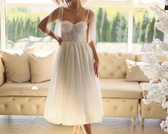 Ivory Tulle Midi Wedding Dress: Glitter Elopement Gown