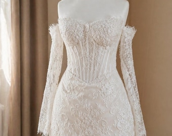 Minivestido de novia de encaje con hombros descubiertos, minivestido de novia con corsé y mangas desmontables, vestido de recepción con espalda con cordones, vestido de despedida de soltera.