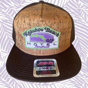 Vintage Purple Keauhou Hotel Embroidered Patch Trucker Hat – Brown Cork Front, Adjustable Fit, Retro Style