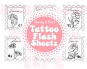 Birth Month Flower Tattoo Flash Sheets, Stamp Style (Digital Download)