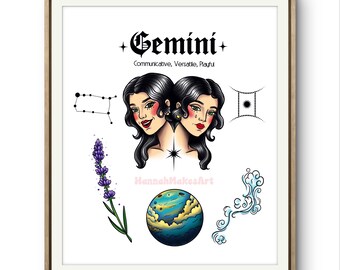 Gemini Tattoo Flash Sheet, Printable Zodiac Design (Digital Download)
