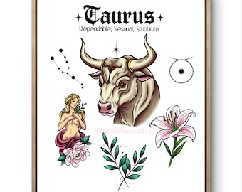 Taurus Zodiac Tattoo Flash Sheet, Printable Design (Digital Download)