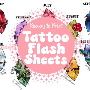 May include: A circular design featuring illustrations of gemstones and flowers, each representing a month. The text "Ready to Print Tattoo Flash Sheets" is in the center. The gemstones are in various colors, including red, purple, green, and blue.