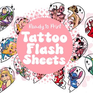 May include: Tattoo flash sheets featuring cartoon characters in broken heart designs. Characters include Woody, Buzz Lightyear, and Stitch. The image has the text "Ready to Print Tattoo Flash Sheets" in a pink circle.