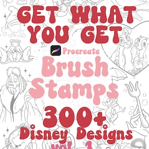 Peut inclure: Une couverture de produit d'art numérique avec le texte "GET WHAT YOU GET" en rouge, et "Procreate Brush Stamps 300+ Disney Designs vol. 1" en rose et rouge. L'arrière-plan présente des dessins au trait de personnages Disney.