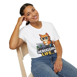 Funny Cat Programmer T-Shirt, Debugging Life Coding Cat Tee