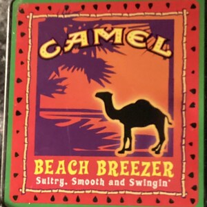 May include: A rectangular graphic with a red border and a green outline. The graphic features the word "CAMEL" in yellow, a black camel silhouette, and the text "BEACH BREEZER" with the tagline "Sultry. Smooth and Swingin'". The background has purple, orange, and blue hues.