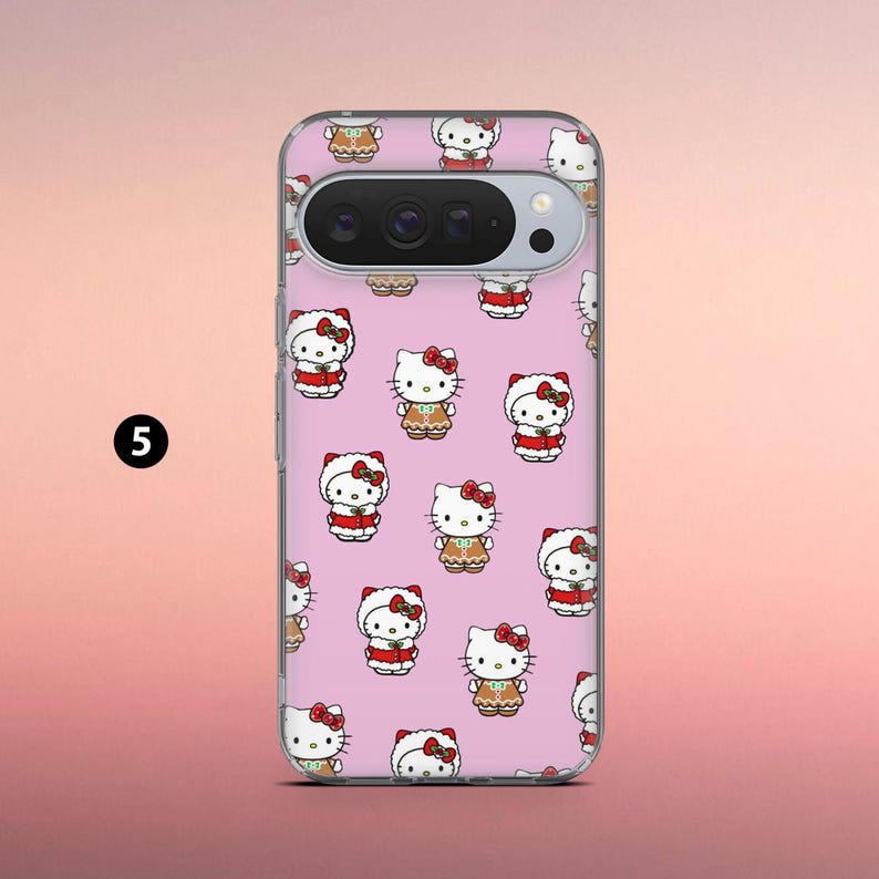 May include: A pink phone case featuring a repeating pattern of the Hello Kitty character in various outfits. The case has a camera cutout and a black number 5 in the corner. The background is a gradient of pink and peach.