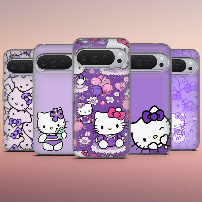 May include: Five smartphone cases featuring various Hello Kitty designs in shades of purple. The cases display patterns of the character with bows, flowers, and balloons, alongside individual character illustrations on solid or patterned purple backgrounds.