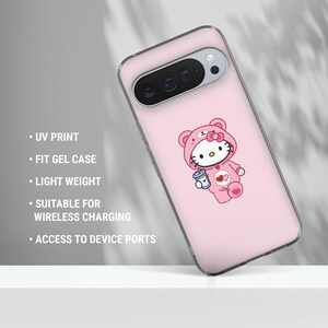 May include: A pink phone case featuring a cartoon character in a bear costume holding a drink. The case has a clear border and text that reads "UV PRINT", "FIT GEL CASE", "LIGHT WEIGHT", "SUITABLE FOR WIRELESS CHARGING", and "ACCESS TO DEVICE PORTS."
