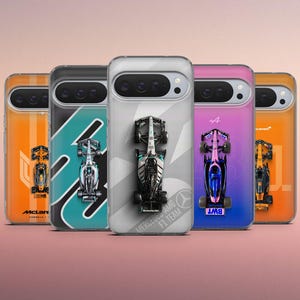 May include: Five phone cases with Formula 1 car designs. The cases are in various colours: orange, teal, grey, pink, and orange. Each case features a different car and team logo, ideal for fans of motorsport.