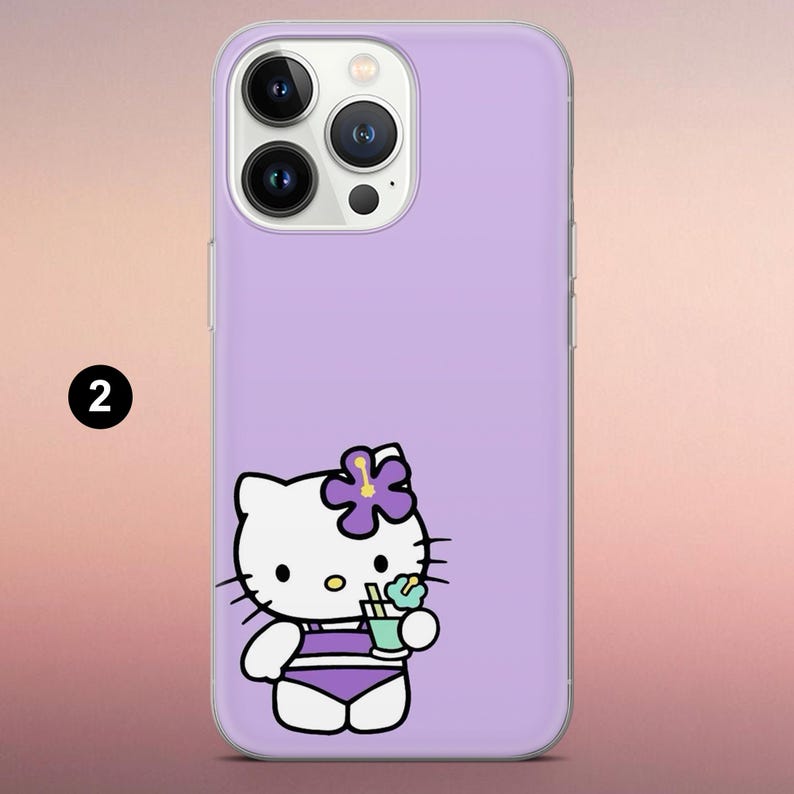 May include: A light purple smartphone case featuring a graphic of a white cat character wearing a purple swimsuit and a purple flower on its head, while holding a light blue drink with a straw. The case has a cutout for a triple camera system.